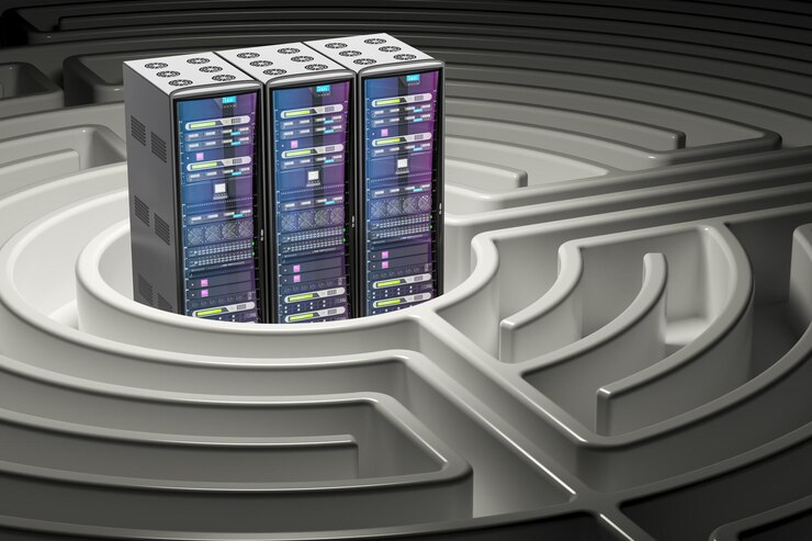Foto racks de servidores de computador dentro da renderização 3d do labirinto labirinto