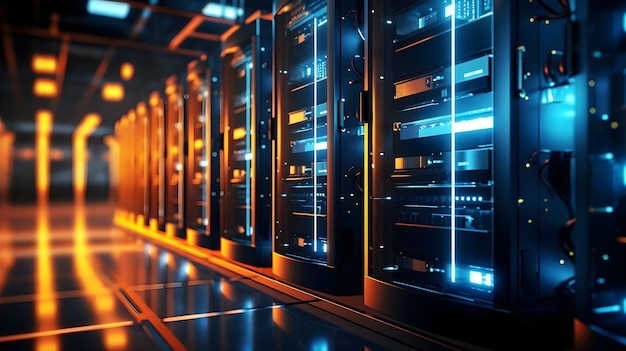 Racks de servidores modernos iluminados para data center com fileira de luzes brilhantes de servidores de rede