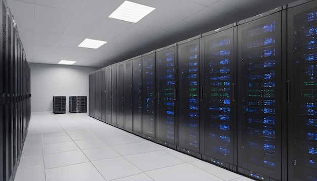 Racks de servidores en el centro de datos de la sala de servidores de seguridad de la red informática