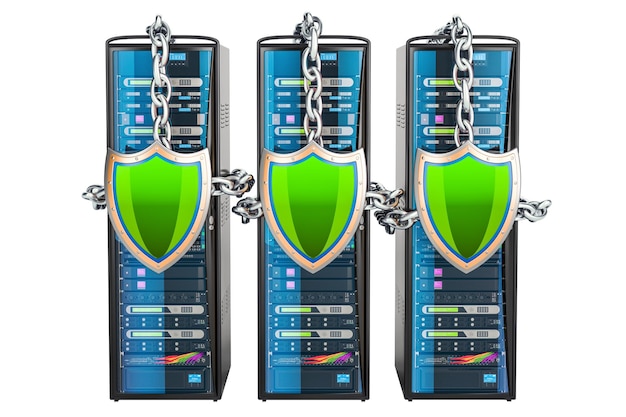 Racks de servidores de computadoras con cadenas y escudos Concepto de seguridad y protección Rendering 3D