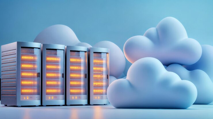Foto racks de servidores y nubes estilizadas que representan servicios de computación en la nube