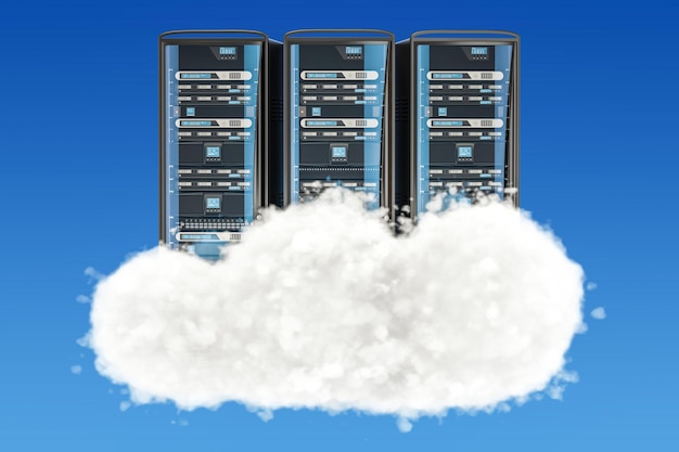 Foto racks de servidores con renderizado 3d de nubes