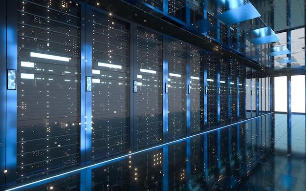 Racks de servidores en la seguridad de la red informática sala de servidores centro de datos renderizado en 3D