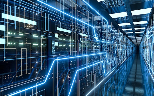 Racks de servidores en la seguridad de la red informática sala de servidores centro de datos renderizado en 3D