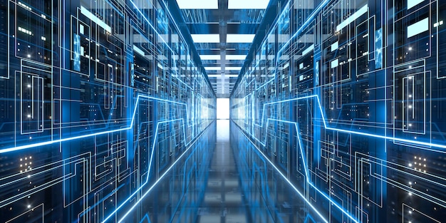 Racks de servidores en la seguridad de la red informática sala de servidores centro de datos renderizado en 3D