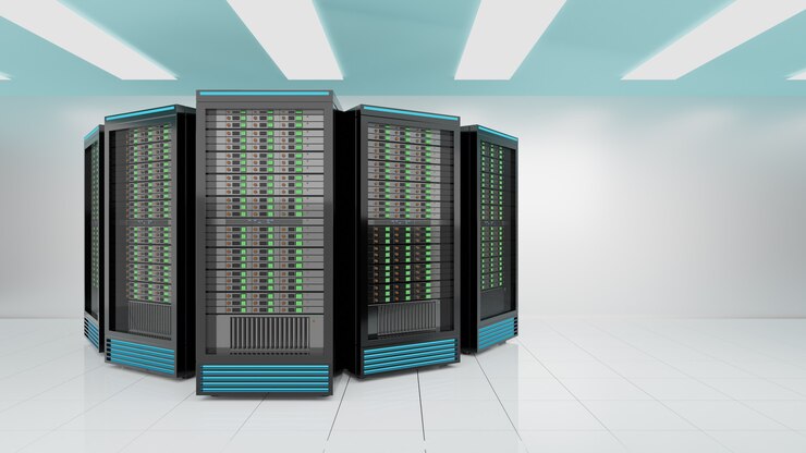 Foto racks de servidores en el servidor de seguridad de internet de la red informática sobre fondo blanco. imagen en color de tema azul claro. imagen de renderizado 3d