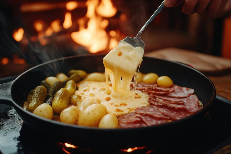 Foto raclette cheese melting ein traditioneller schuss raclette-käse, der über einer schüssel gekochter kartoffeln schmilzt