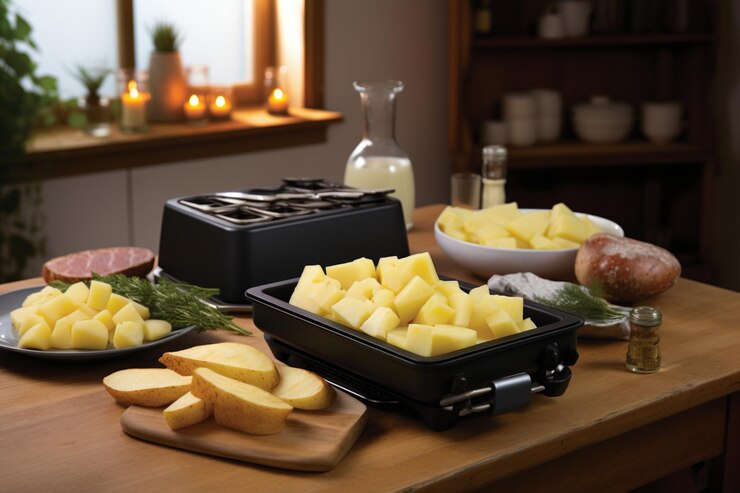 Foto raclette-käse schmilzt über gekochte kartoffeln