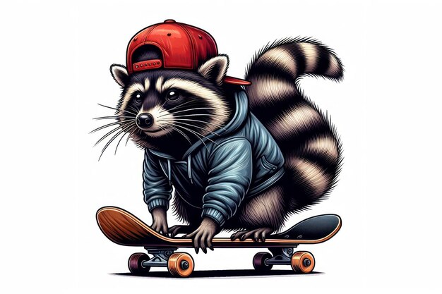 Racoon trägt eine Mütze und fährt auf einem Skateboard auf einem weißen Hintergrund