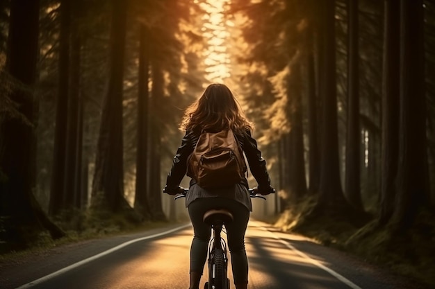 Radabenteuer Vorderansicht einer Frau, die auf einer langen Reise Fahrrad fährt, generative KI