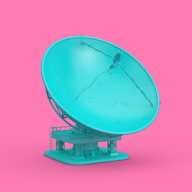 Radar de antena de antena parabólica azul grande en estilo duotono sobre un fondo rosa 3D Rendering