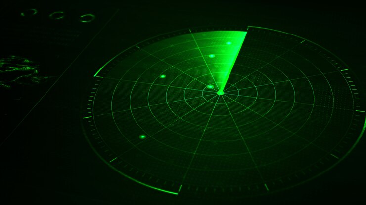 Foto radar realístico azul de digitas com alvos no monitor na pesquisa. pesquisa aérea.