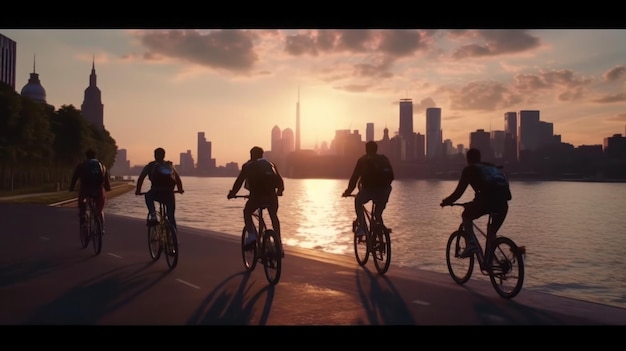 Radfahren in der Stadt mit Blick auf den Sonnenuntergang