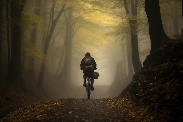 Radfahrer auf einem Fahrrad mit Koffern fährt entlang einer nebligen Waldstraße