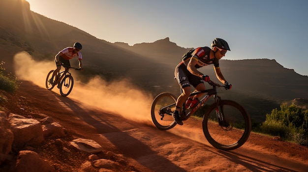 Radfahrer, die an einem intensiven Mountainbike-Rennen im Abstieg teilnehmen