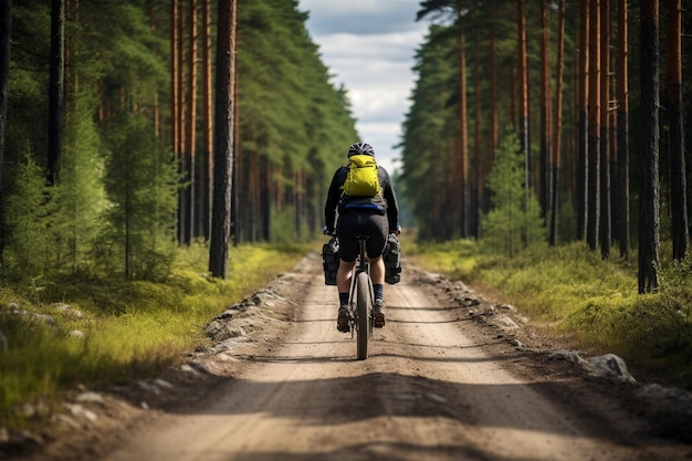 Radfahrer fährt auf einer schmalen langen Straße durch den Wald