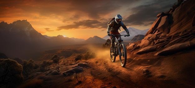 Radfahrer fährt Fahrrad auf Bergweg Sonnenuntergang Bergfahrt