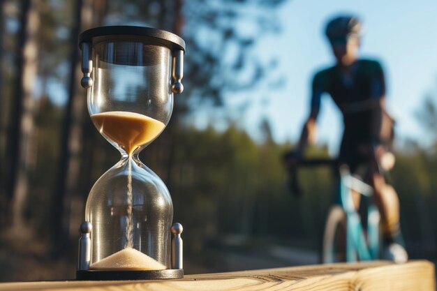 Radfahrer hält inne, um auf eine Sanduhr zu schauen, bei der sich Sand nach oben bewegt