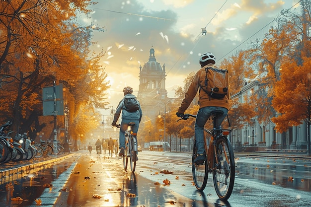 Radfahrer in der Regenstraße bei Sonnenuntergang