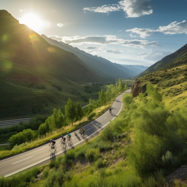 Radfahrer reiten durch eine gewundene Bergstraße mit einer schönen landschaftlichen Landschaft