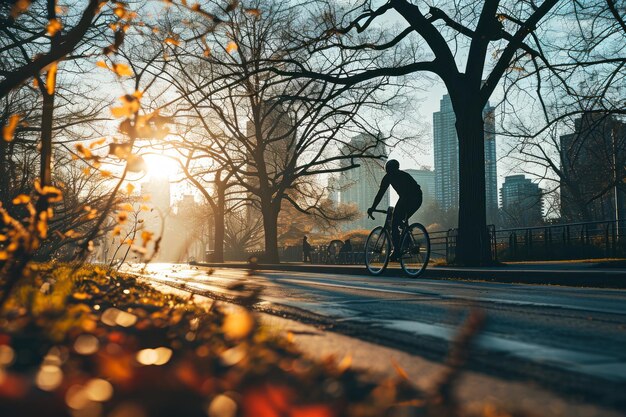 Foto radfahrer reiten im frühlingspark