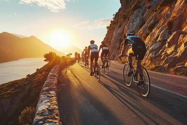 Radfahrerteam fährt am Sonnenuntergang auf einer Bergstraße