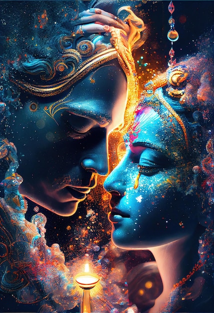 Radha krishna enamorada fotografía de tiro medio retrato de IA generativa galáctica cósmica