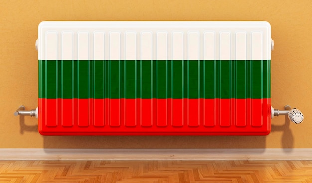 Radiador de calefacción con bandera búlgara en la pared Calefacción en Bulgaria representación 3D