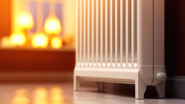 El radiador de calefacción de la casa blanca en la pared de una acogedora sala de estar