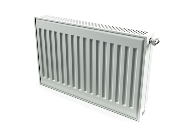 Radiador de calefacción con válvula termostática del radiador en la pared, 3D rendering