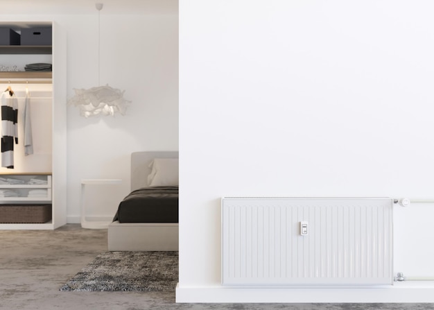 Radiador de aquecimento branco na parede branca no quarto moderno Interior de casa Sistema de aquecimento central O aquecimento está ficando mais caro Crise de energia renderização em 3D