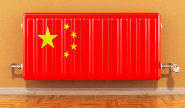Radiador de aquecimento com bandeira chinesa na parede Aquecimento na renderização 3D da China