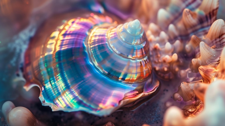 Foto radiancia intermareal de conchas marinas holográficas luminosas en la costa arenosa