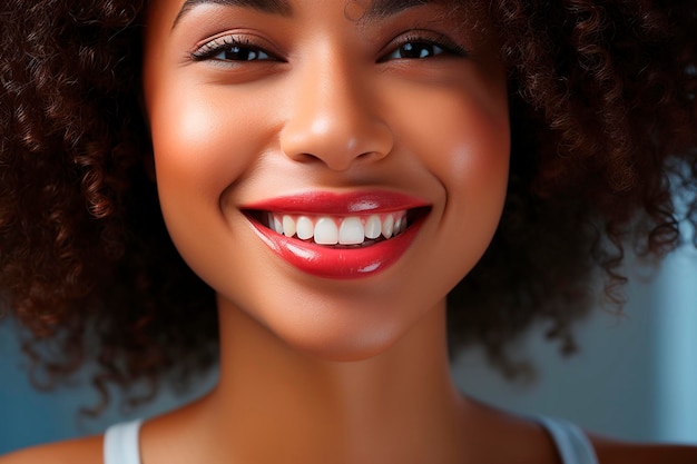 Radiando calor e confiança, uma mulher hispânica mostra seus dentes impecáveis em um sorriso cativante, enfatizando sua alegria e beleza natural.