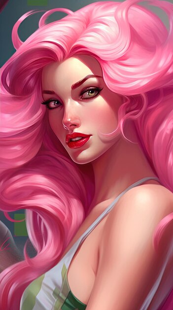 Radiant Allure Nocturna PinUp Linda Garota com Cabelo Rosa Longo por ArtgeekStudio