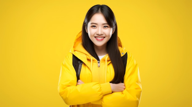 Radiante adolescente chino retrato en primer plano de una chica feliz sobre un fondo de color sólido
