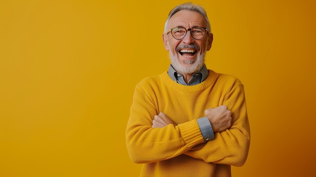 Radiante alegría Hombre adulto en su apogeo expresando felicidad aislado en un fondo sólido con un amplio espacio para copiar