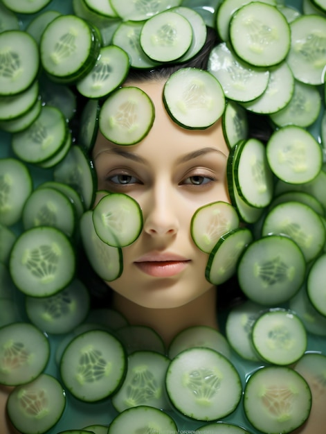 La radiante belleza de la joven sonriendo con rebanadas de pepino