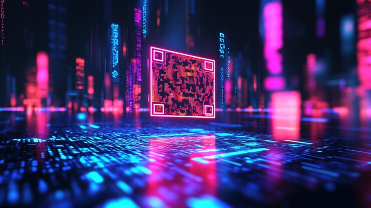 Un radiante código QR de neón futurista pulsando con azules eléctricos y naranjas ardientes suspendidos en medio