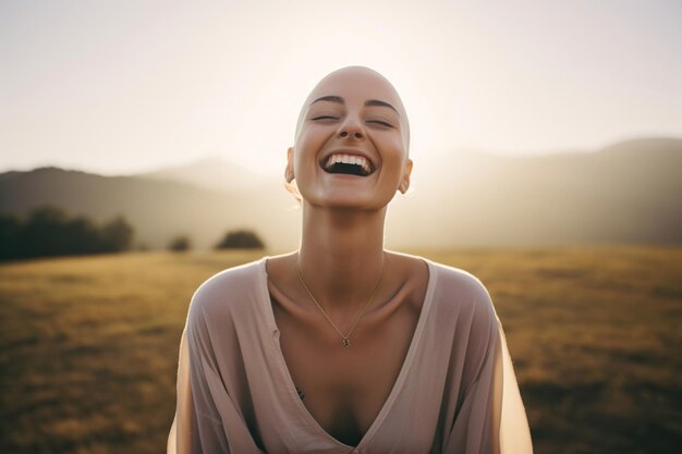 Radiante de alegria, a mulher careca exala positividade e um sorriso inspirando os que a rodeiam com sua energia irresistível.