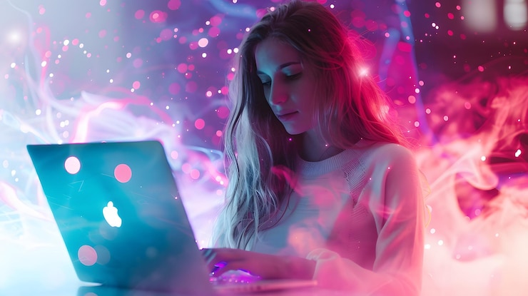 Foto radiante e focada uma jovem mulher trabalha felizmente em seu laptop em um escritório cercado por