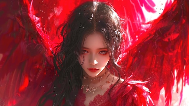 Radiante em um vestido vermelho uma mulher veste asas vermelhas impressionantes exalando fascínio cativante