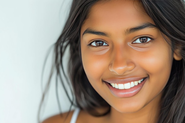 Radiante joven modelo asiático indio posa con una sonrisa cautivadora contra un fondo blanco limpio