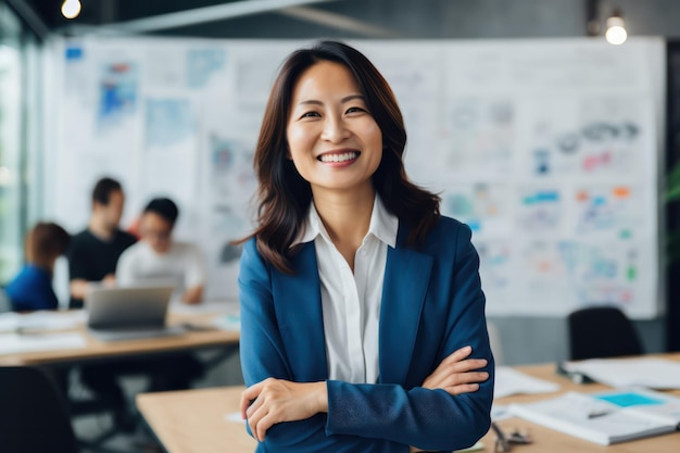 Radiante en el lugar de trabajo Mujer asiática feliz e informal de mediana edad aporta positividad al entorno de oficina