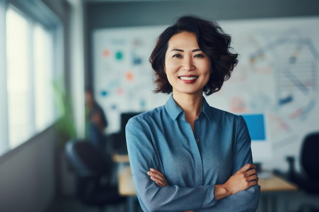 Radiante en el lugar de trabajo Mujer asiática feliz e informal de mediana edad aporta positividad al entorno de oficina