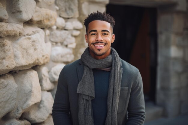 Radiante millennial alegre hombre étnico posa junto a la pared de piedra con una sonrisa radiante AR 32