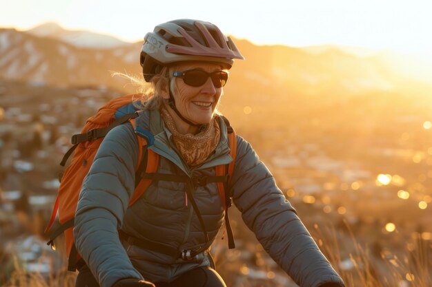 Radiante mujer de 50 años disfruta de ciclismo de montaña la luz dorada del sol envolviendo el paisaje de las tierras altas