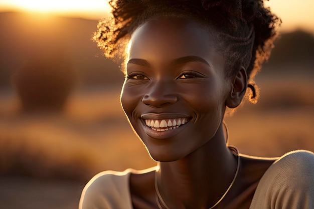 Radiante mulher africana sorrindo ao pôr do sol