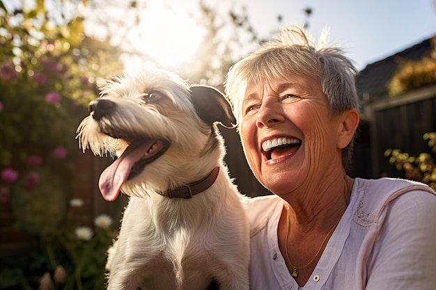 Una radiante señora mayor juega a buscar con su exuberante jack russell terrier