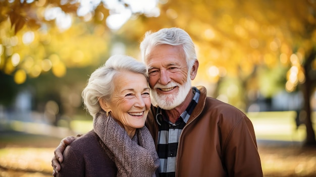 Radiantes años de oro Una feliz pareja de ancianos disfrutando de la felicidad al aire libre